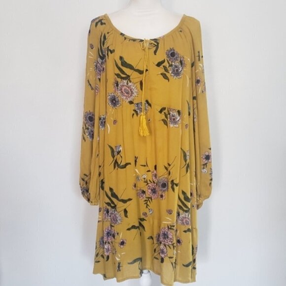Chic Collection Mustard Floral Boho Dress Sz L - Picture 2 of 8